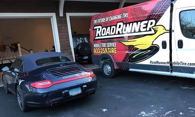 Black Porsche Carrera 4S mobile tire service in Greenwich, CT